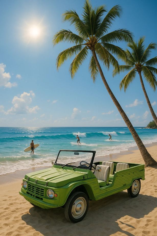 Méhari sur une plage exotique