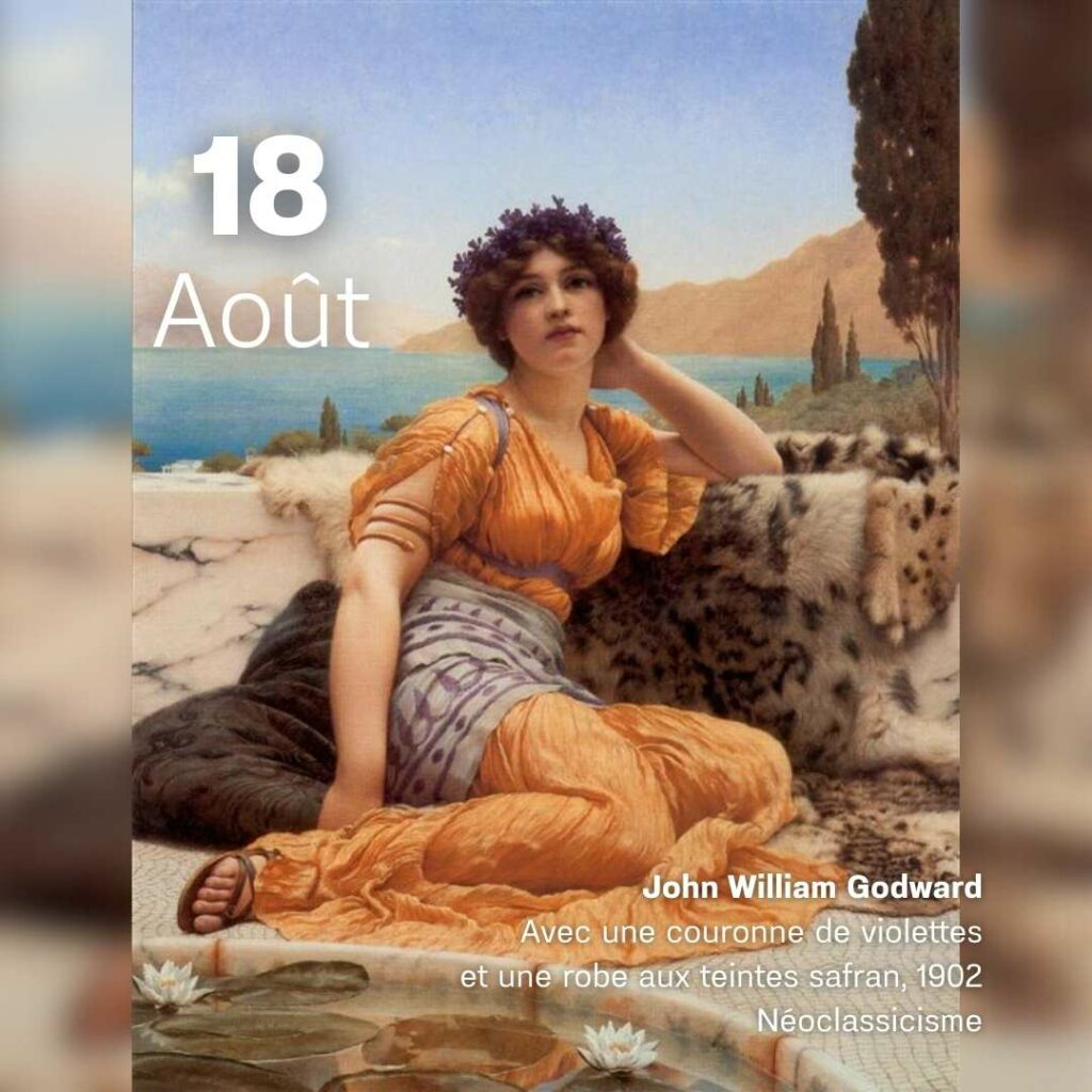 John William Godward - Avec une couronne de violettes et une robe aux teintes safran 1902