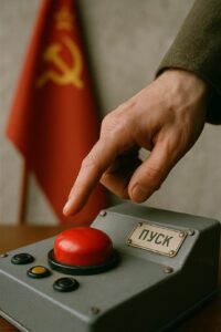 Doigt appuyant sur bouton nucléaire soviétique - Image IA