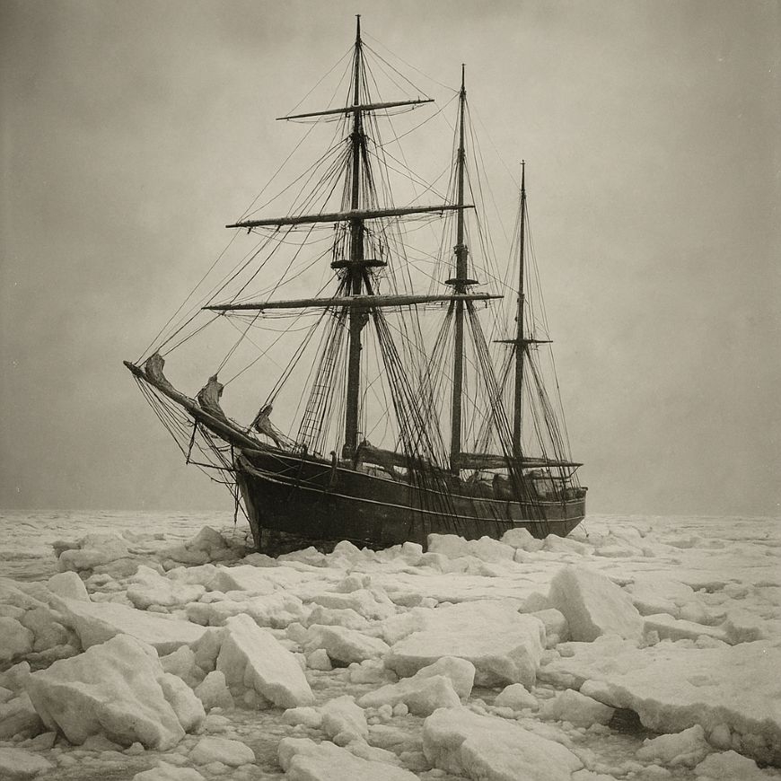Voilier bloqué par les glaces - Image IA