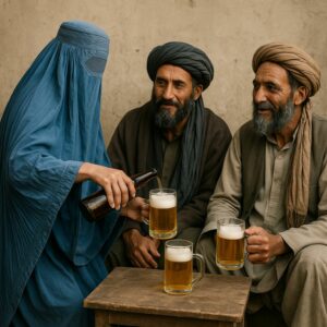 femme sous une burqa servant deux afghans conversant joyeusement autour d'une bière - Image IA