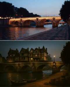 Pont Marie à Paris aujourd'hui et au 17ème siècle (image IA)