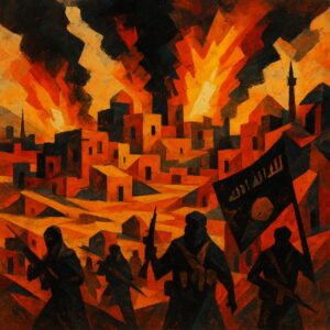 Prise d'un village irakien par l'Etat Islamique dans un style abstrait - Image IA