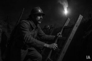 Soldats s'apprêtant à sortir de leur tranchée - Image IA