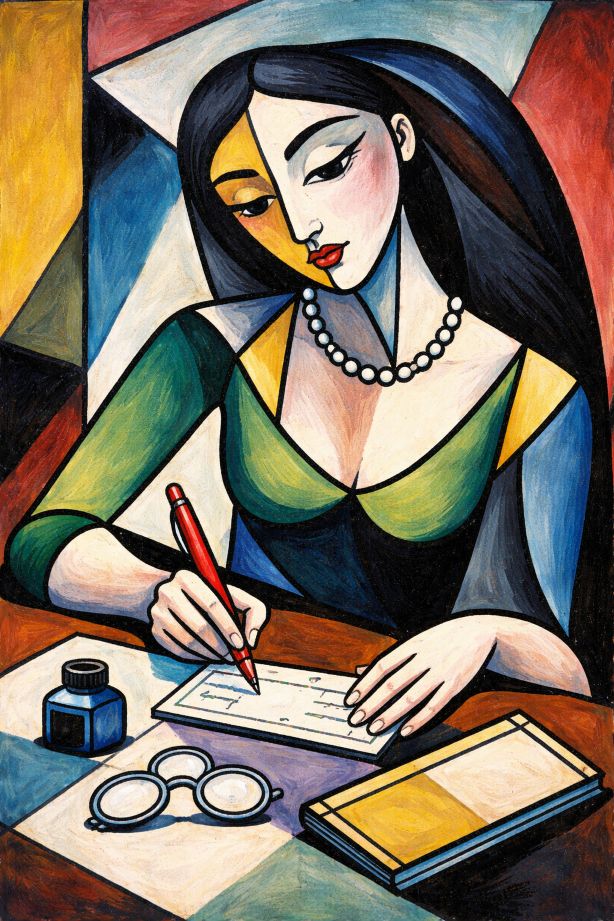 Femme signant un chèque dans le style de Picasso - Image IA