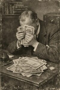 Homme d'affaire pleurant sur ses emprunts russes - Image IA