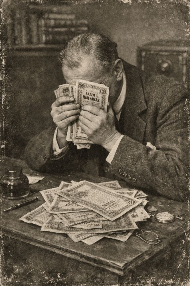 Homme d'affaire pleurant sur ses emprunts russes - Image IA
