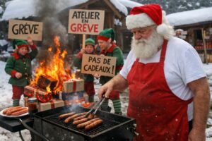Père Noël en grève - Image IA