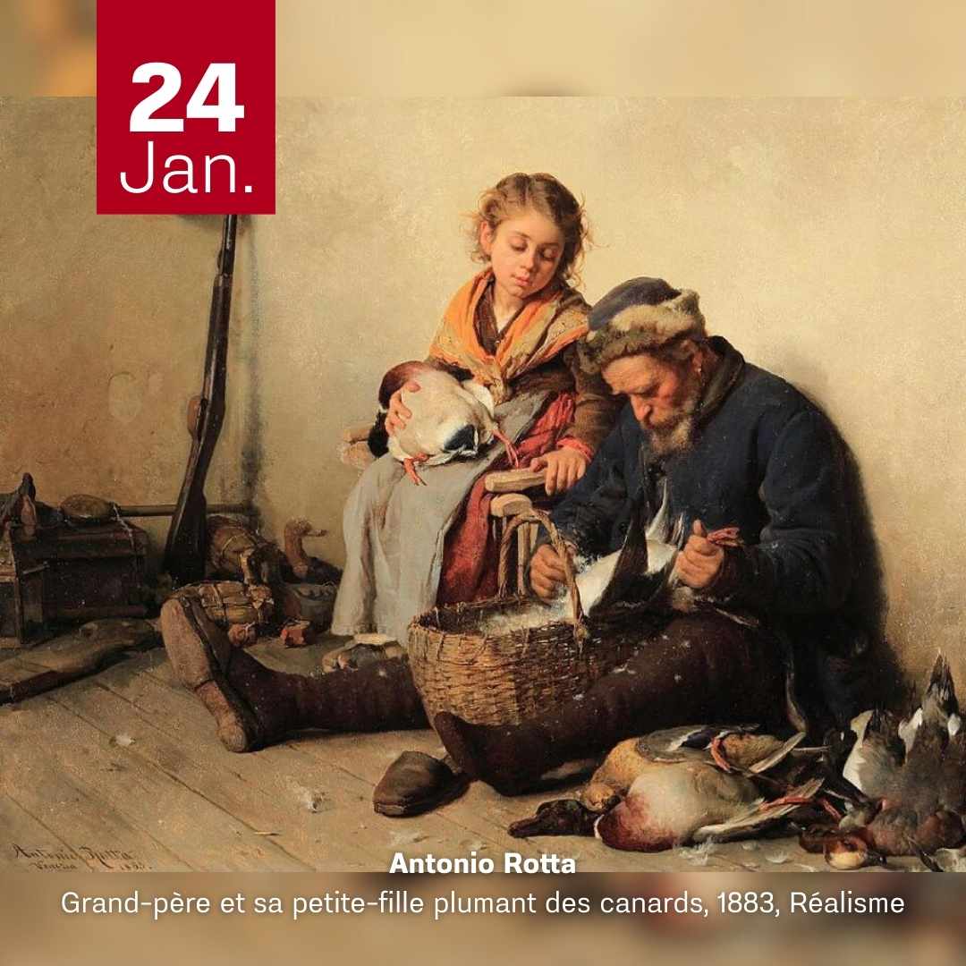 Antonio Rotta - Grand-père et sa petite-fille plumant des canards 1883