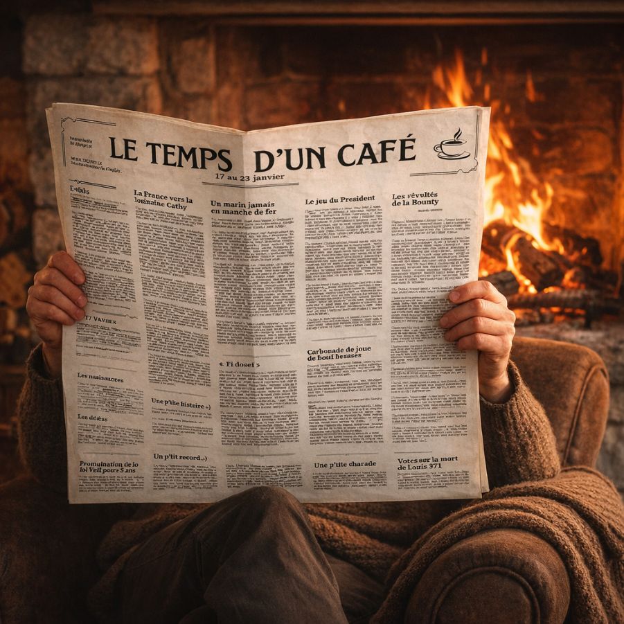 Personne lisant le journal "Le temps d'un café" près d'un feu de cheminée