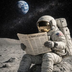 Astronaute lisant le journal sur la lune