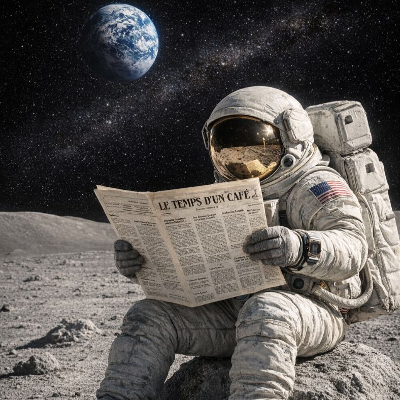 Astronaute lisant le journal sur la lune