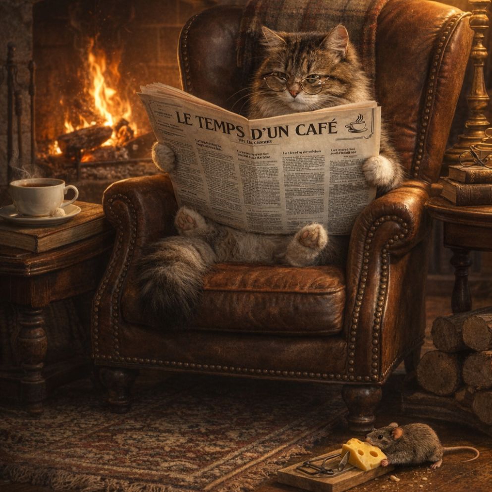 Chat lisant le journal au coin du feu