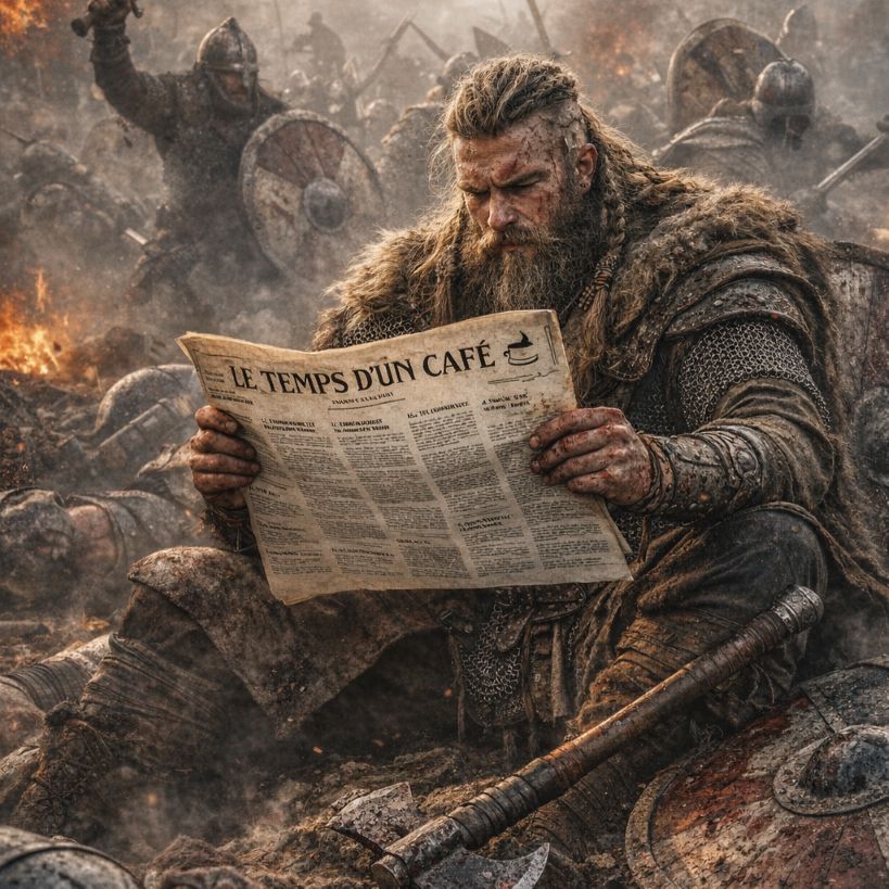 Viking lisant le journal "Le temps d'un café" pendant une bataille