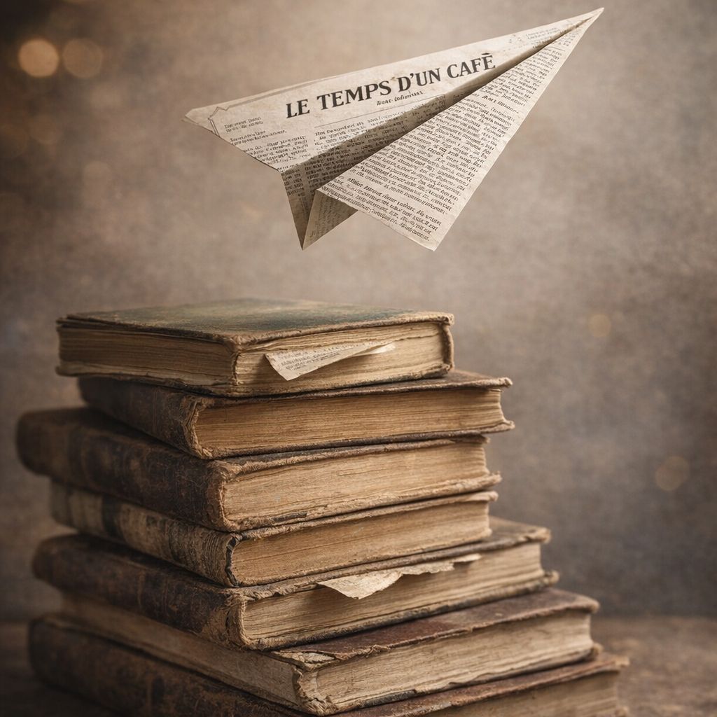 Avion en papier fabriqué avec le journal "Le temps d'un café" survolant une pile de vieux livres