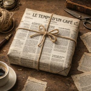 Paquet enveloppé du papier du journal "Le temps d'un café"