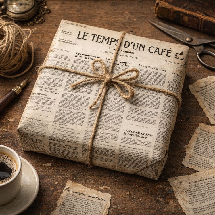 Paquet enveloppé du papier du journal "Le temps d'un café"