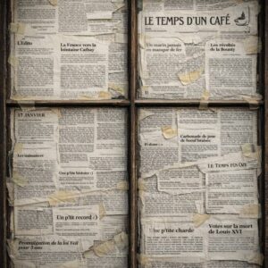 Fenêtre recouverte de pages du journal "Le temps d'un café"