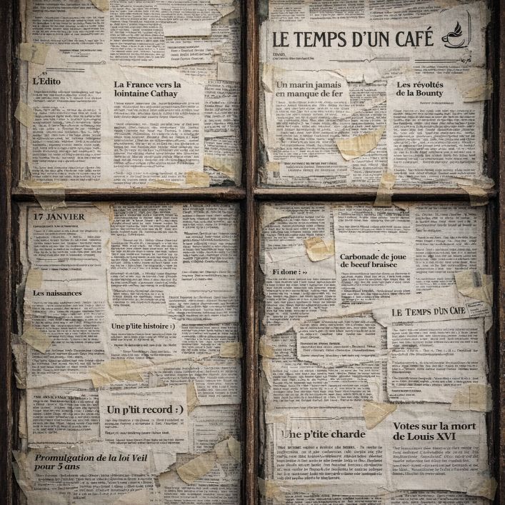 Fenêtre recouverte de pages du journal "Le temps d'un café"