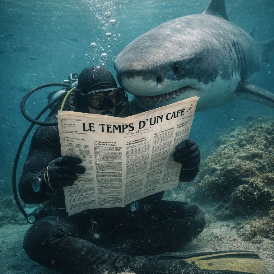 Requin lisant le journal "Le temps d'un café" par-dessus l'épaule d'un plongeur