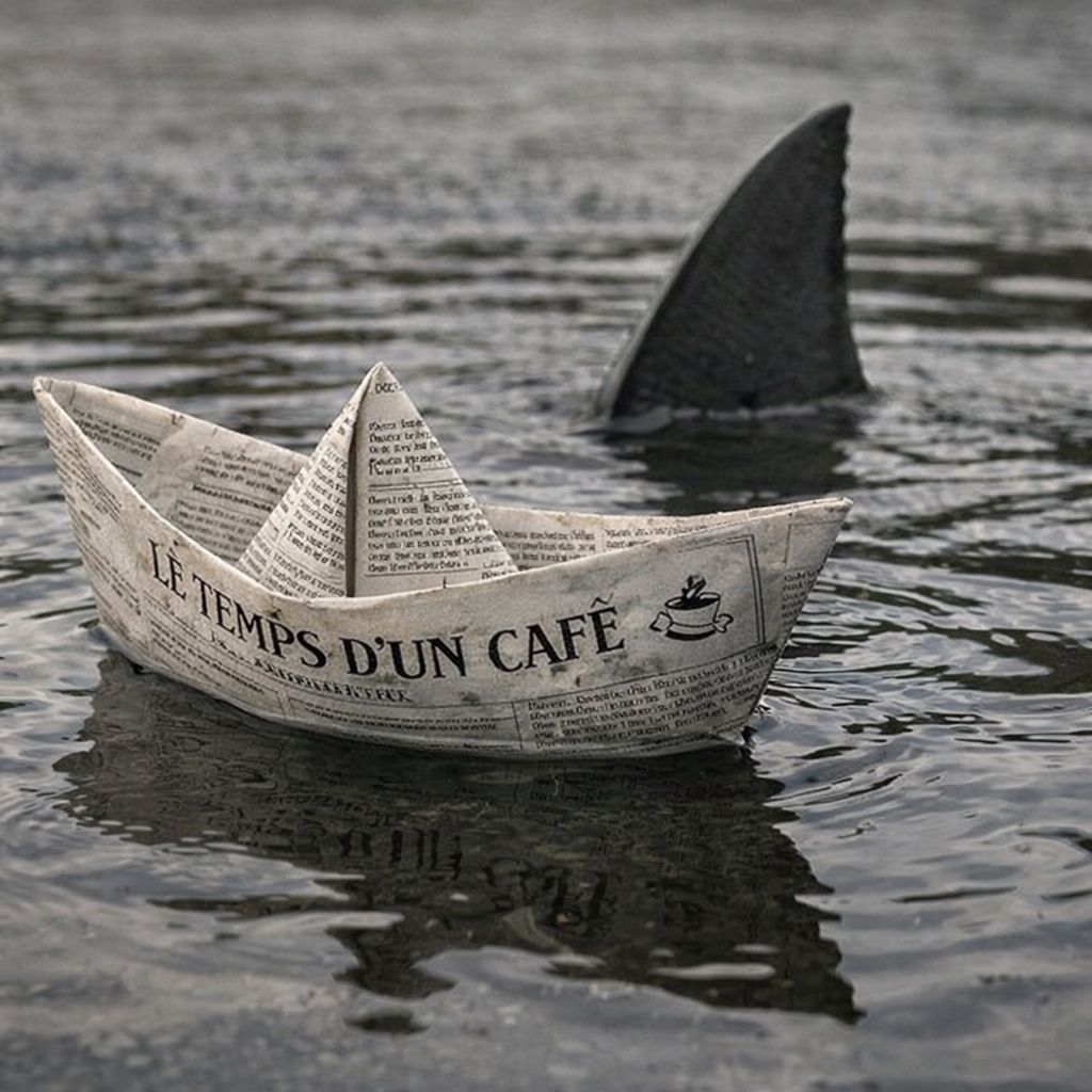 Bateau confectionné avec le papier journal "Le temps d'un café" et un requin rôdant autour