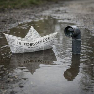 Bateau en papier confectionné avec le journal "Le temps d'un café" sur une flaque d'eau, le périscope d'un sous-marin sort de la flaque