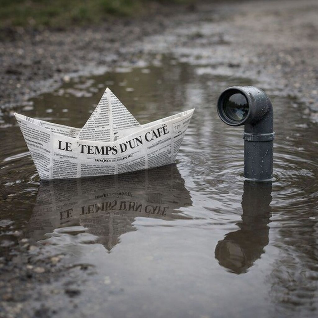 Bateau en papier confectionné avec le journal "Le temps d'un café" sur une flaque d'eau, le périscope d'un sous-marin sort de la flaque
