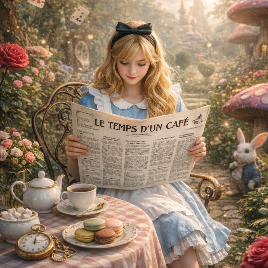 Alice lisant le journal "Le temps d'un café" au pays des merveilles