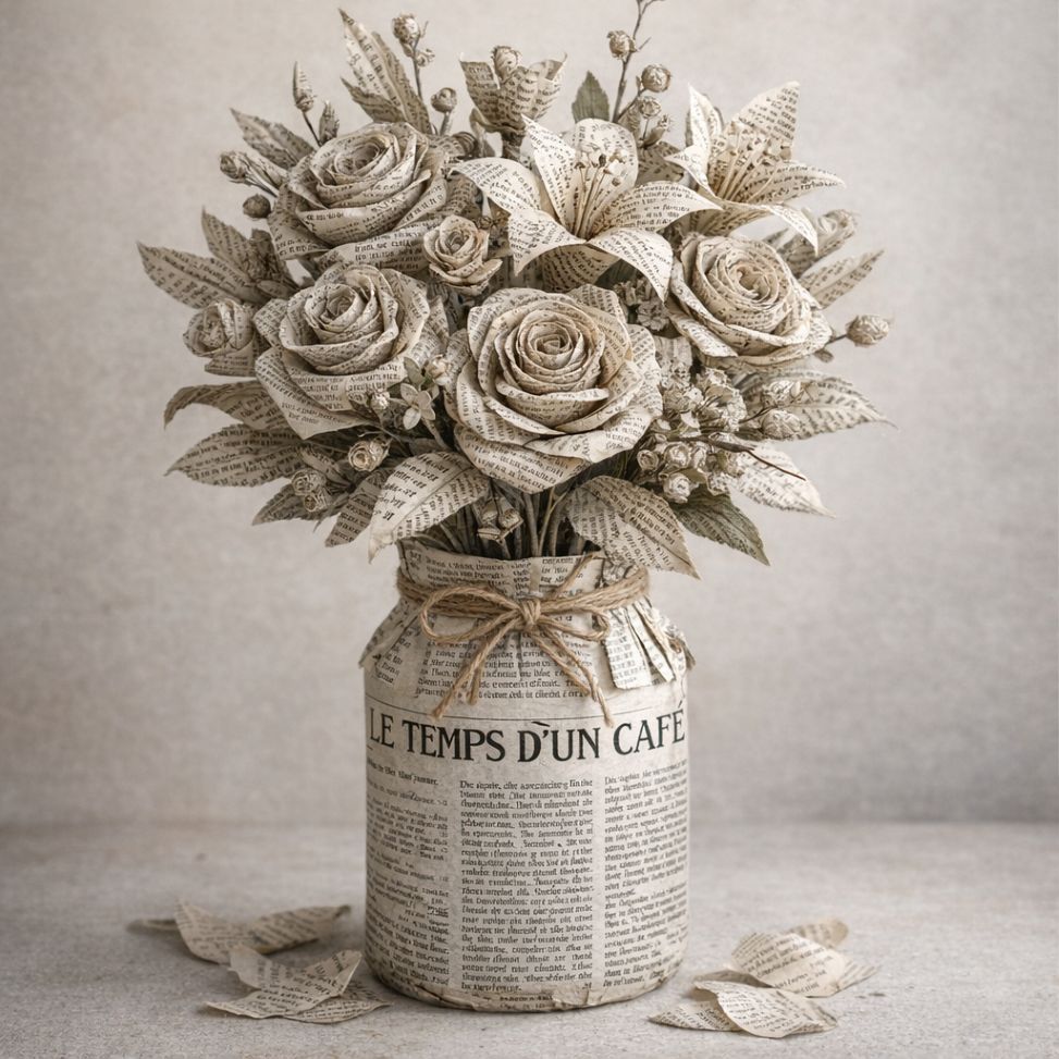 Bouquet de fleurs confectionné avec le journal "Le temps d'un café"