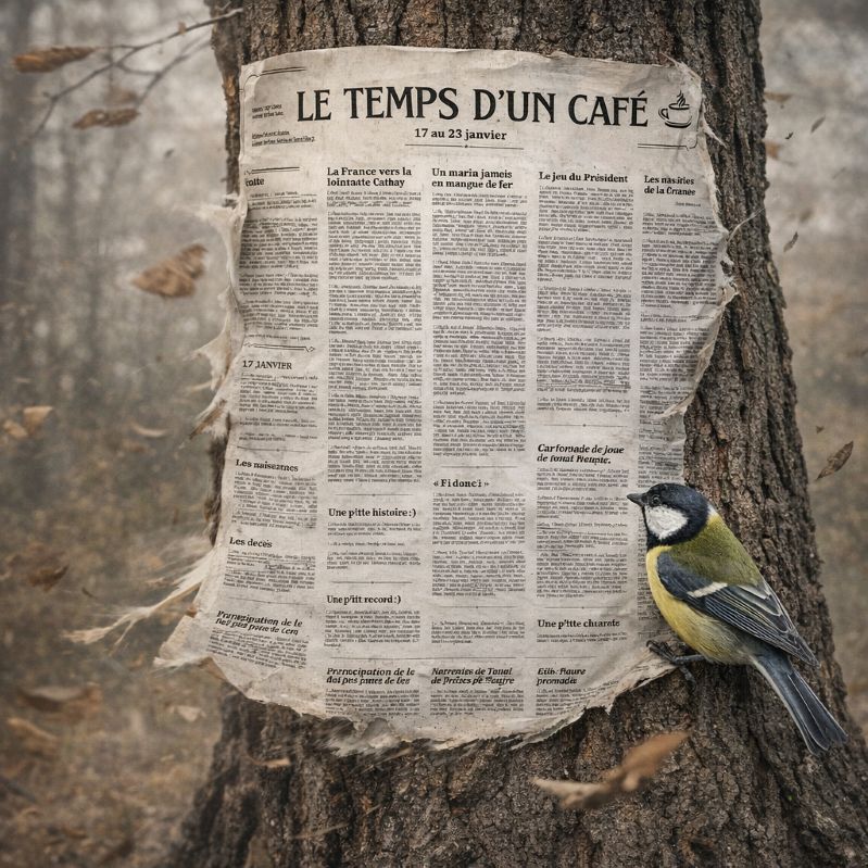 Oiseau lisant le journal "Le temps d'un café" plaqué sur un arbre par le vent