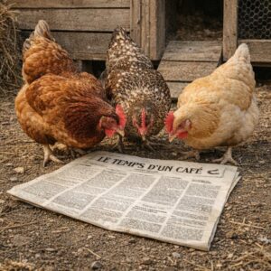 Poules lisant le journal "Le temps d'un café" devant le poulailler