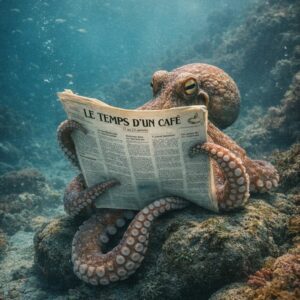 Poulpe lisant le journal "Le temps d'un café" sur son rocher au fond de l'océan