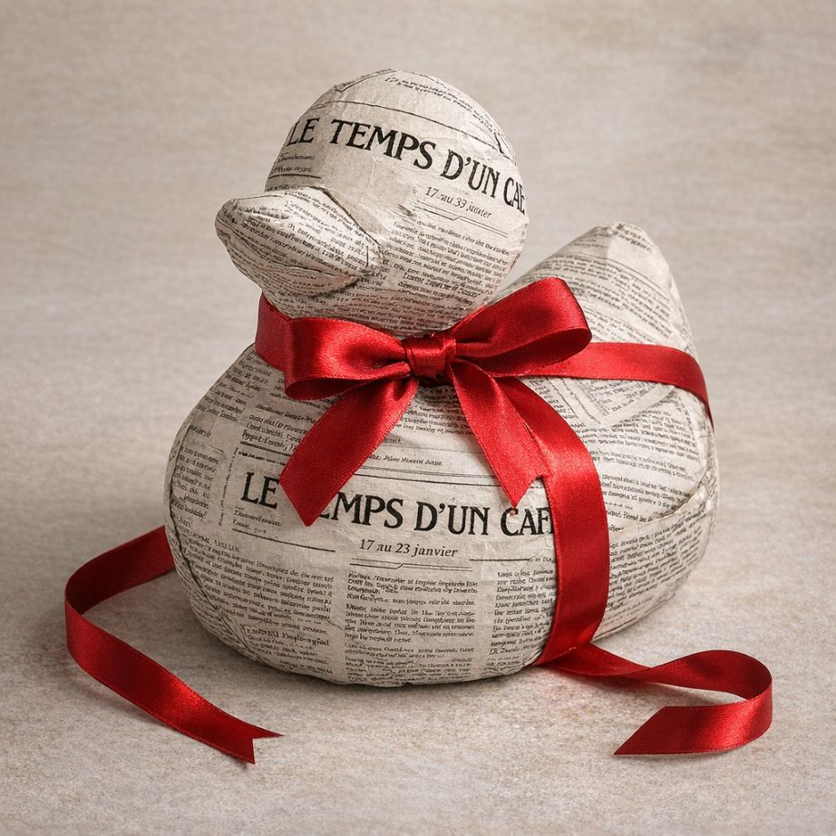 Canard emballé avec le journal "Le temps d'un café"