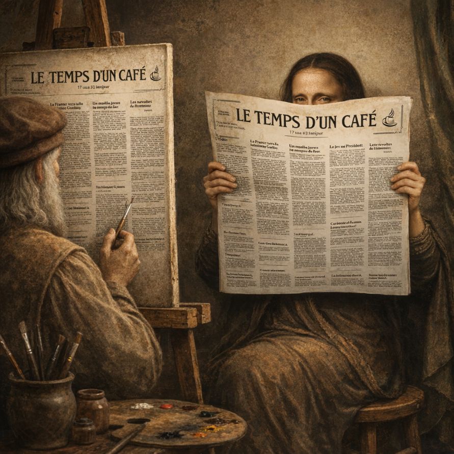 Léonard peignant le journal "Le temps d'un café" pendant que Mona Lisa le lit