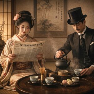 Une geisha lit le journal "Le temps d'un café" pendant la cérémonie du thé que l'homme doit se servir lui-même