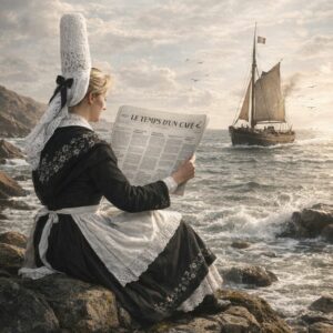 Femme de pêcheur attendant le retour de son mari en lisant le journal "Le temps d'un café"