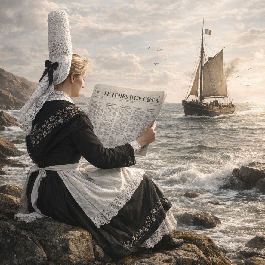 Femme de pêcheur attendant le retour de son mari en lisant le journal "Le temps d'un café"