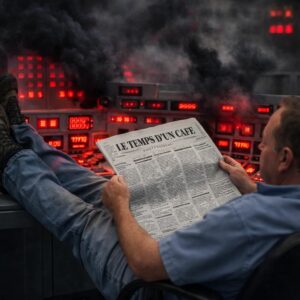 Technicien lisant le journal "Le temps d'un café" pendant que la salle de contrôle s'illumine de tous les côtés