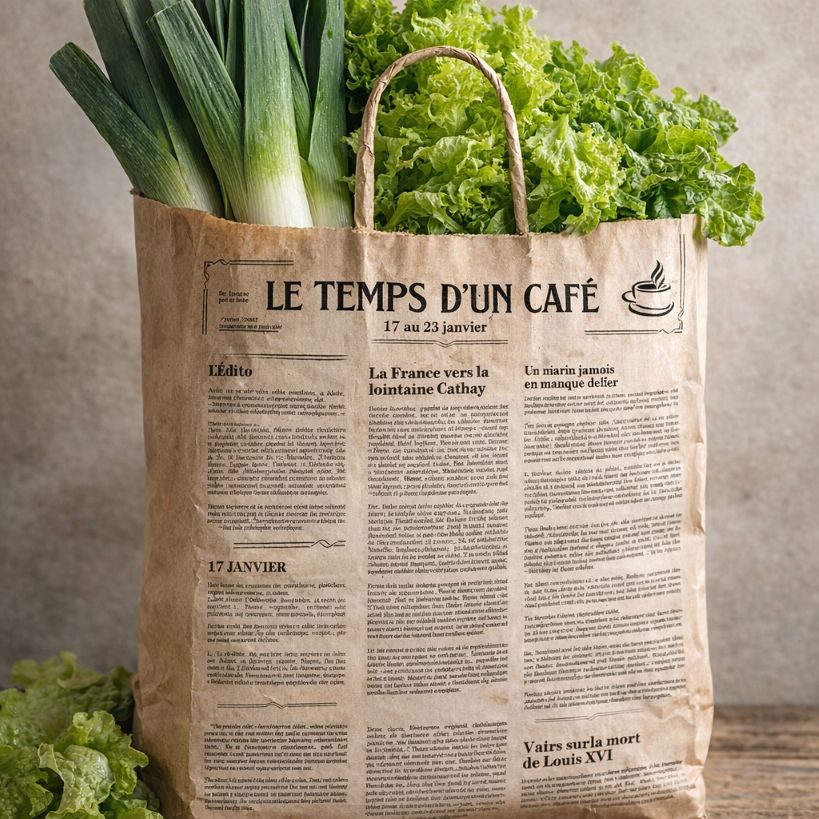 Légume transportés dans un sac papier journal "Le temps d'un café"