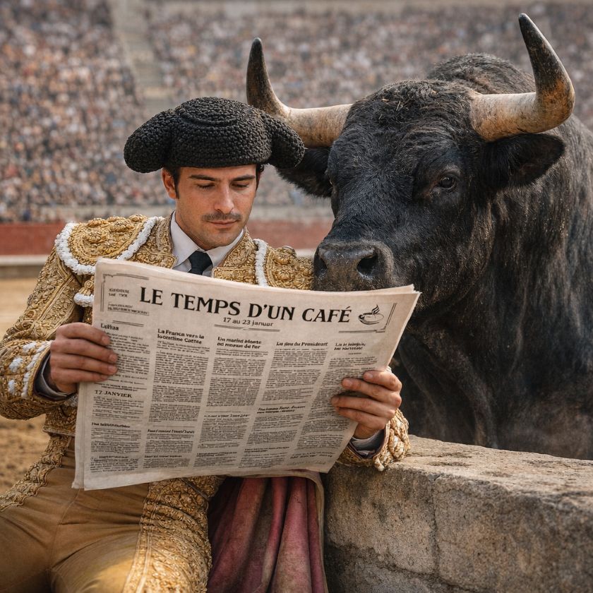 Toréador lisant le journal "Le temps d'un café" et le taureau lisant par dessus son épaule