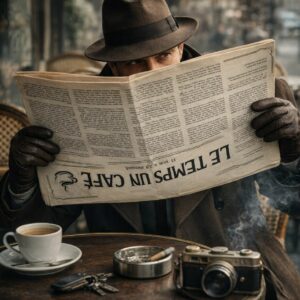 Détective privé lisant le journal "Le temps d'un café" à l'envers en terrasse de café pendant une filature