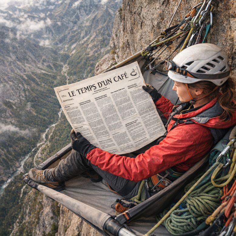 Femme alpiniste lisant le journal "Le temps d'un café" à flanc de montagne