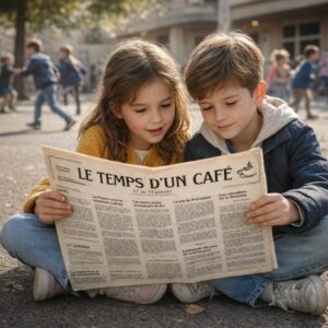 Une fillette et un garçon lisant le journal "Le temps d'un café" dans la cour d'école