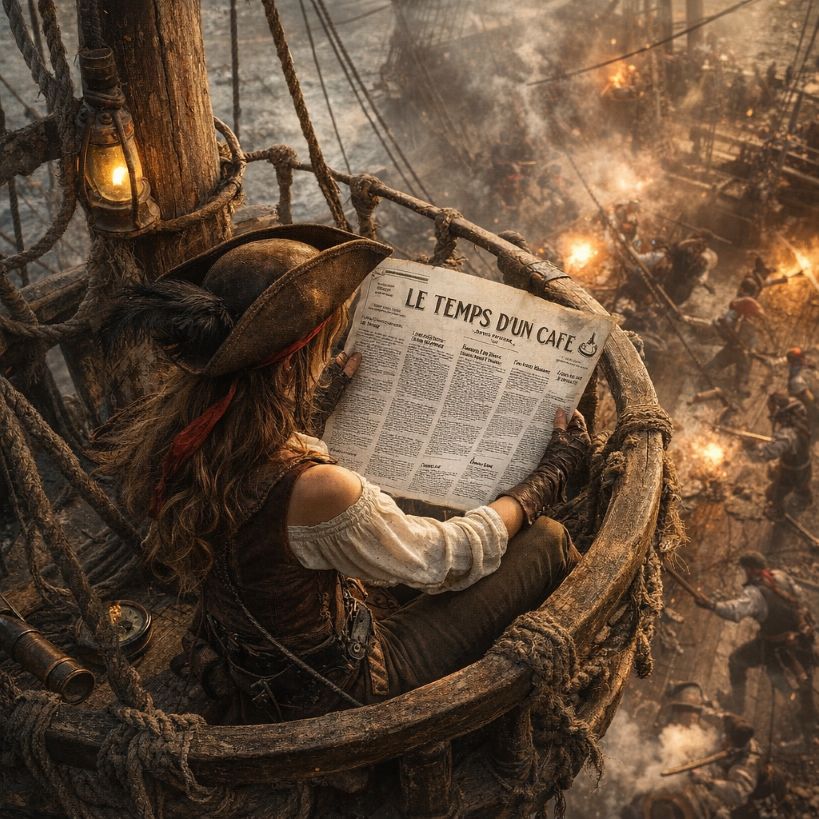 Femme pirate lisant le journal "Le temps d'un café" sur la vigie alors que les hommes se battent sur le pont