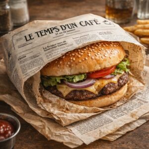 Burger emballé dans le journal "Le temps d'un café"