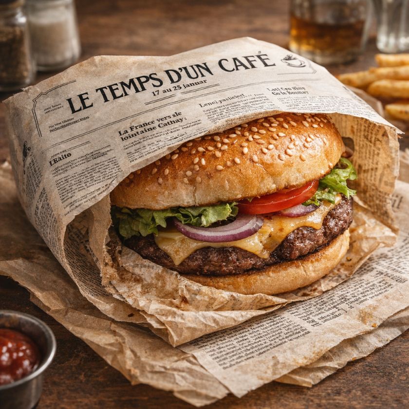 Burger emballé dans le journal "Le temps d'un café"