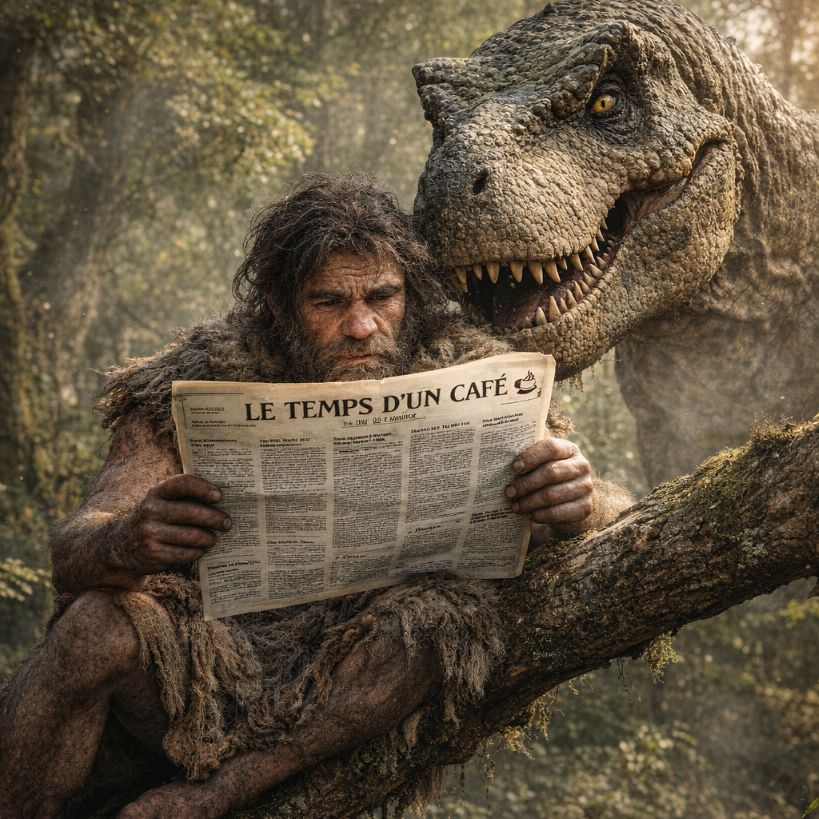 Homme de Néandertal lisant le journal "Le temps d'un café", un T-rex lit par dessus son épaule