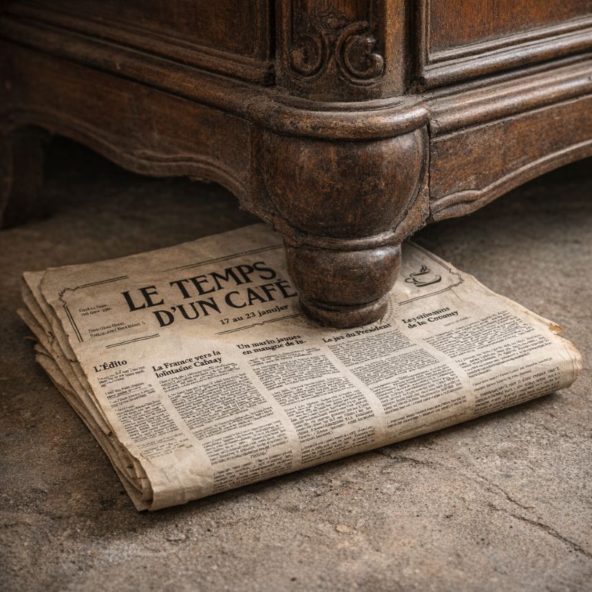 Journal "Le temps d'un café" servant à caler une armoire