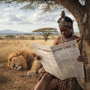 Chasseuse africaine lisant le journal "Le temps d'un café" dans la brousse près d'un lion endormi