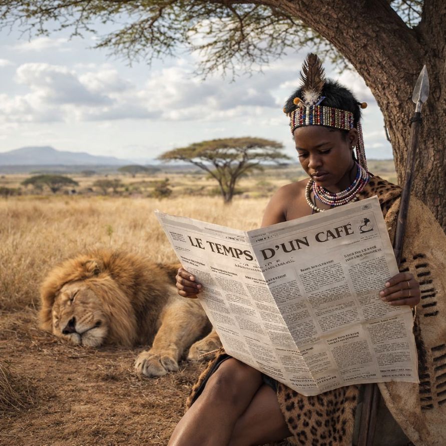 Chasseuse africaine lisant le journal "Le temps d'un café" dans la brousse près d'un lion endormi
